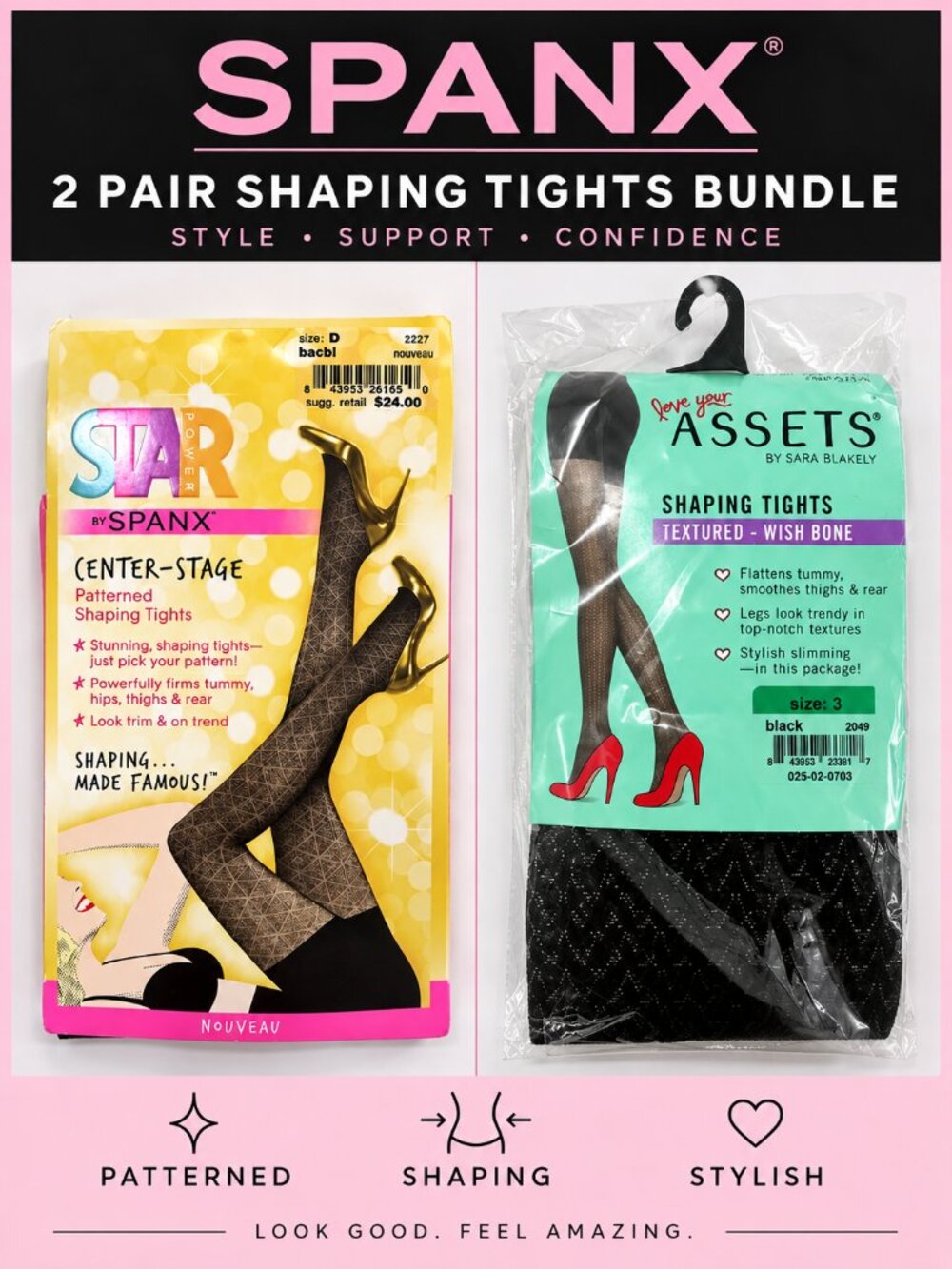 SPANX Shaping Tights 2 Pack Bundle Black Patterned NWT Sizes D & 3